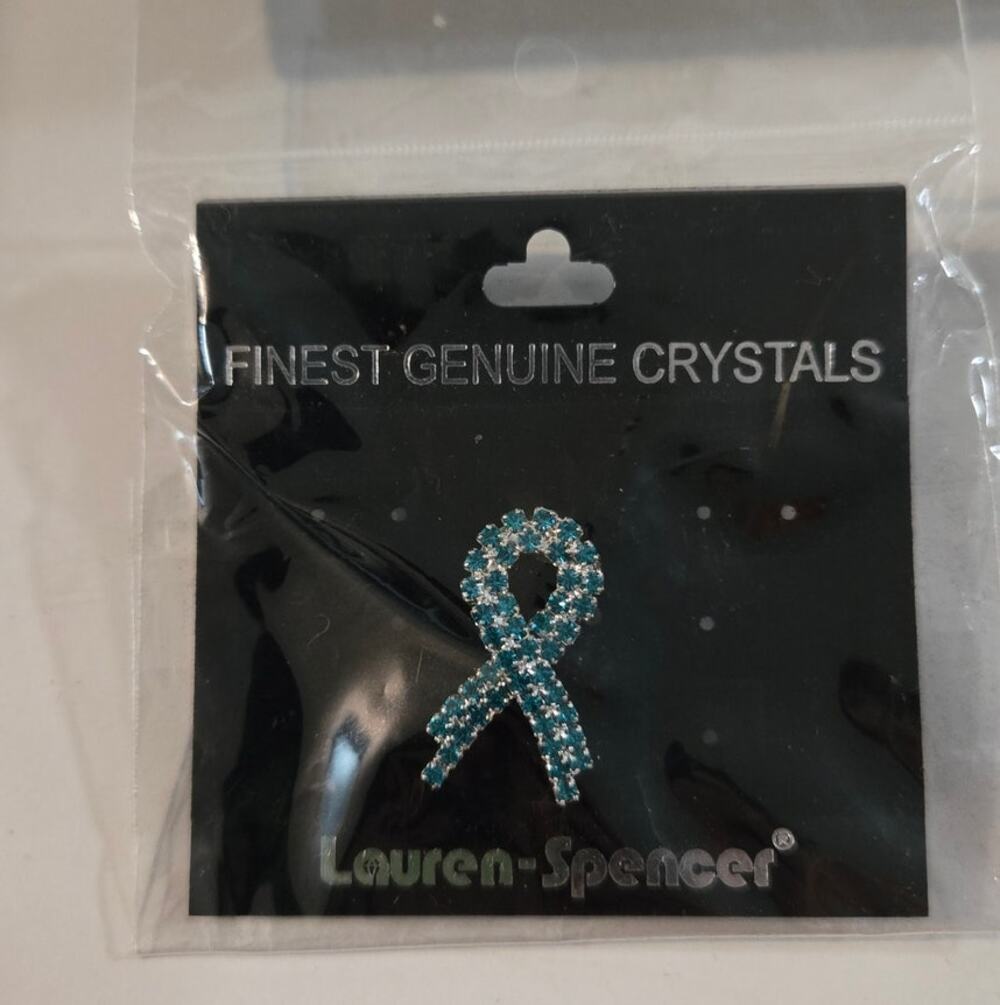 Lauren Spencer Finest Genuine Crystals Teal Awareness Ribbon Brooch Pin NIP